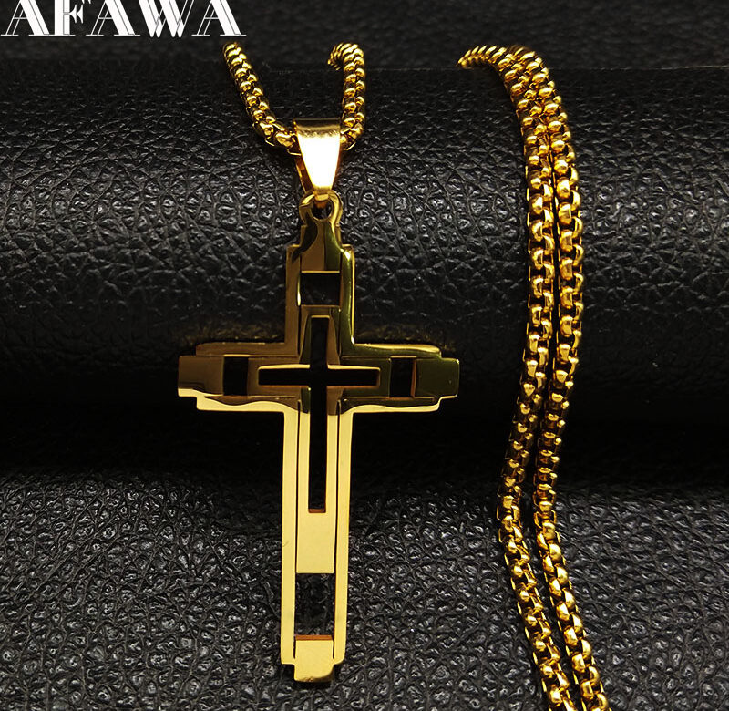 Křížový náhrdelník z nerezové oceli pro muže Pánský řetízkový náhrdelník zlaté barvy Šperky corrente masculina N1173S02