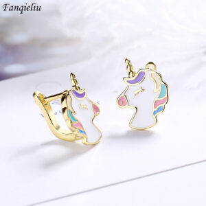 Fanqieliu Gold Color Stamp 925 Silver Needle Cute Unicorn Hoop Earrings For Women Vintage Jewelry Girl Gift New FQL20509