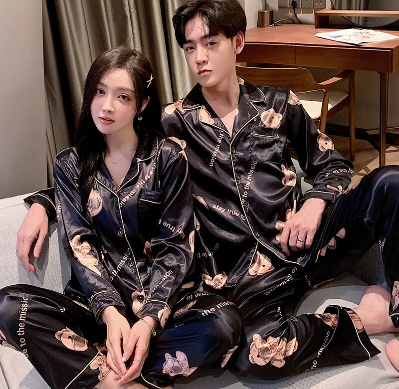 Módní oblečení na spaní Hedvábný satén pyžamo párový set Dlouhý pyžamový oblek na knoflíky Pijama Ženy Muži Společenské oblečení Velké velikosti Pj Set M-5XL