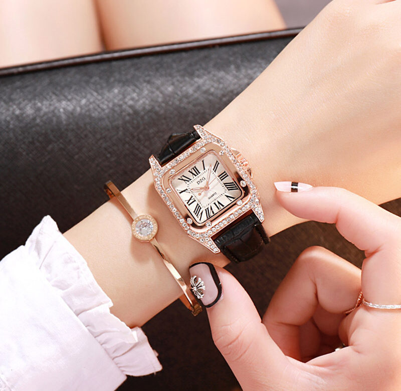 Módní dámské hodinky pro ženy Starry Square Drahostone Quartz náramkové hodinky Dámské Neformální černé kožené hodinky