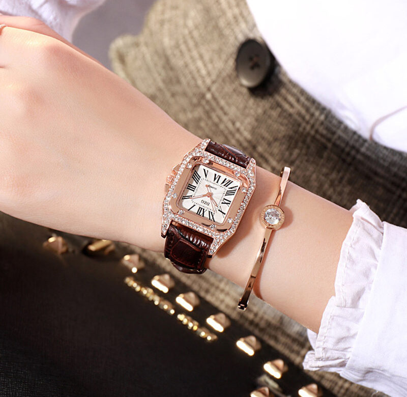 Módní dámské hodinky pro ženy Starry Square Drahostone Quartz náramkové hodinky Dámské Neformální hnědé kožené hodinky