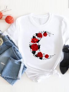 Květina Měsíc Roztomilý trend Krásné tričko s potiskem Letní oblečení Oblečení Móda Tričko s výstřihem do O Krátký rukáv Dámské Grafické tričko