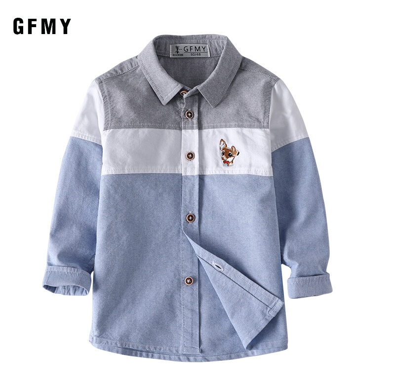 GFMY jaro 100% Oxford textilní bavlna s celým rukávem vyšívací vzor Chlapecká košile 3T-12T Splice dětské oblečení pro volný čas 9012