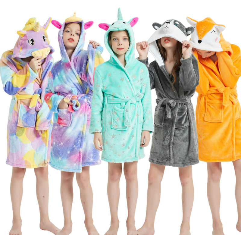 Girls Bathrobe Children Long Sleeve Hooded Robes Toddler Winter Nightgown Kids Sleepwear Child Unicornio Anime Shower Robe