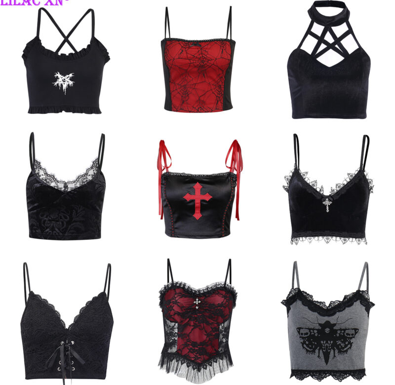 Goth Cross Print Krajka Bodycon Crop Tops Camis Sexy Y2K Estetický Černá Červená Základní Korzet Tílko Letní oblečení pro ženy Dívky