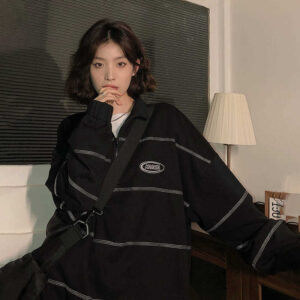 HOUZHOU Harajuku Černá mikina Ženy Korejská móda Streetwear Pruhovaná Mikina Vintage Hip Hop Pulovr Estetický oversized