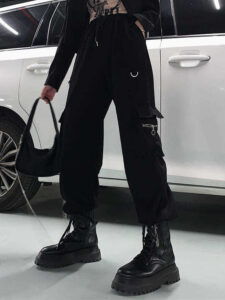 HOUZHOU Techwear Black Cargo Pants Ženy Hippie Streetwear Punk Vysoký pas Korejský styl Oversized kalhoty Dámské tepláky