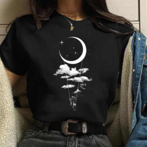 Harajuku Funny Girl 90s Girl Moon Dámské tričko Kreslená grafika s potiskem Černé dámské tričko Neformální dámská košile Kawaii tričko