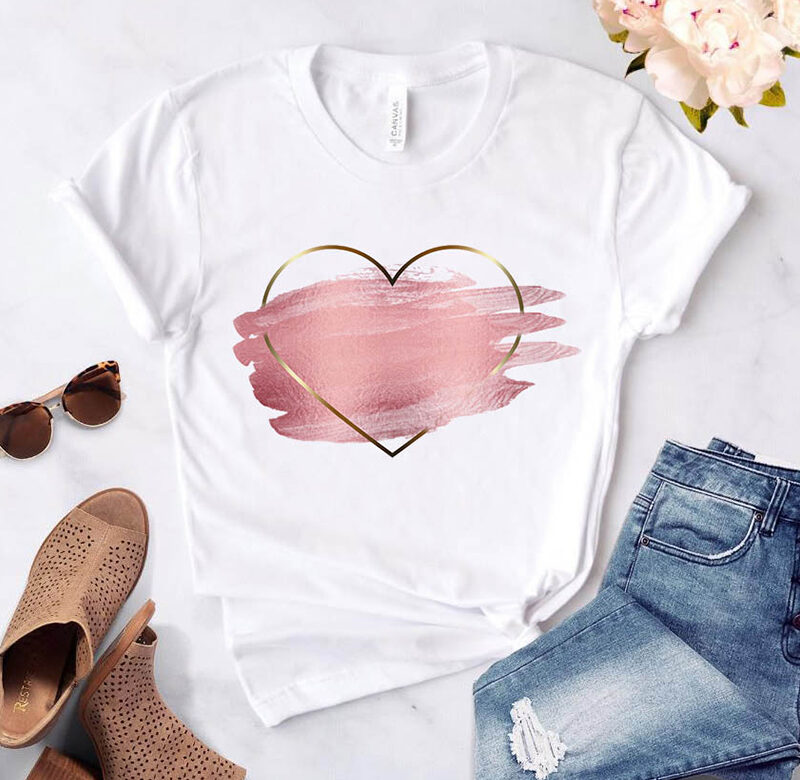 Srdce květinový potisk Dámské tričko dámské ležérní Základ Bílá košile s límečkem ve tvaru O Krátký rukáv dámské tričko Láska grafický potisk