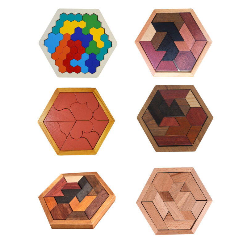 Hádanky Hexagon Tangram Dřevěná hlavolam IQ hra Vzdělávací hračky pro děti Dospělé Montessori hračky Dárky k narozeninám