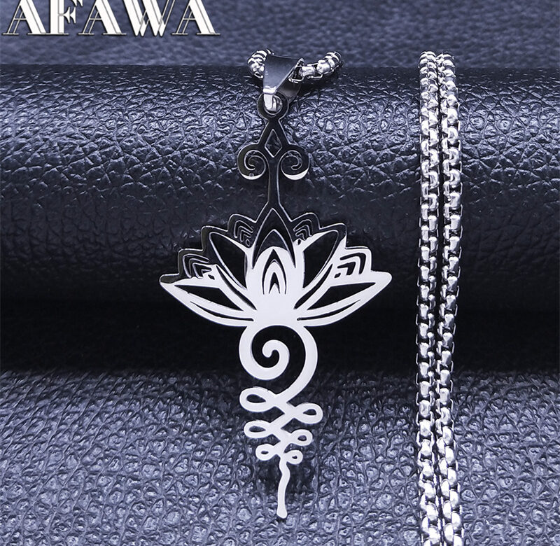 Hippie nerezový řetízek na jógu lotosový náhrdelník ženy/muži Stříbrná barva Symbol čakry Květinové náhrdelníky Obojek na šperky N7067S02