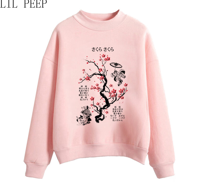 Ink Painting Cherry Blossom Ulzzang dámská mikina s dlouhým rukávem Estetické potištěné zimní/podzimní oblečení pro volný čas S-XXL