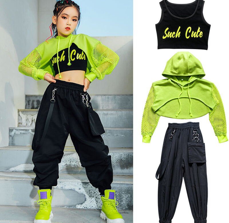 Jazzový kostým Hip Hop Dívčí Oblečení Zelené Topy Síťový Rukáv Černé Hip Hop Kalhoty Pro Děti Výkon Moderní Taneční Oblečení BL5311