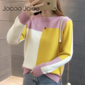 Jocoo Jolee Ženy Korejský svetr s panelákovým barevným svetrem Ležérní Dlouhý rukáv O Krk Silný svetr Vintage Pletené Pullovací Dámské svetry