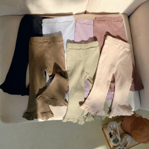 Dětské legíny Jarní Vintage Pruhované Elastické Kalhoty Slim Flare Baby Dívčí Vysoký pas Jednobarevné Volánkové kalhoty Dívčí oblečení