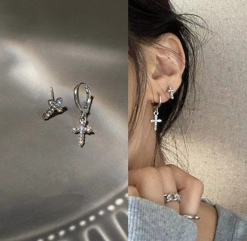 Korejské módní dámské náušnice zirkonový křišťálový kříž pro gotický punk hip hop dámský piercing visací náušnice párty šperky