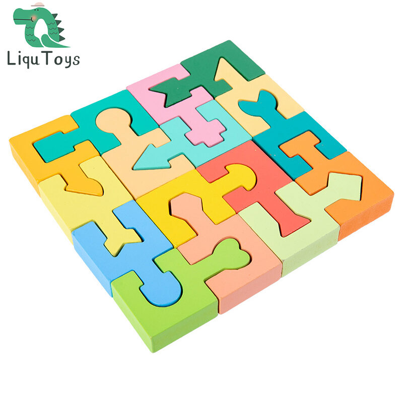 LIQU Dřevěné tvary Puzzle bloky Geometrické hlavolamy Montessori hračky Jigsaw 3D logika IQ hry Třídění tvarů