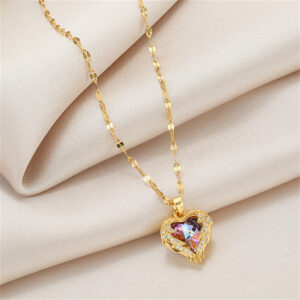 Luxusní barevný náhrdelník s přívěskem srdce křišťálový oceán pro ženy korejská móda řetízek na krk z nerezové oceli Dámské svatební šperky