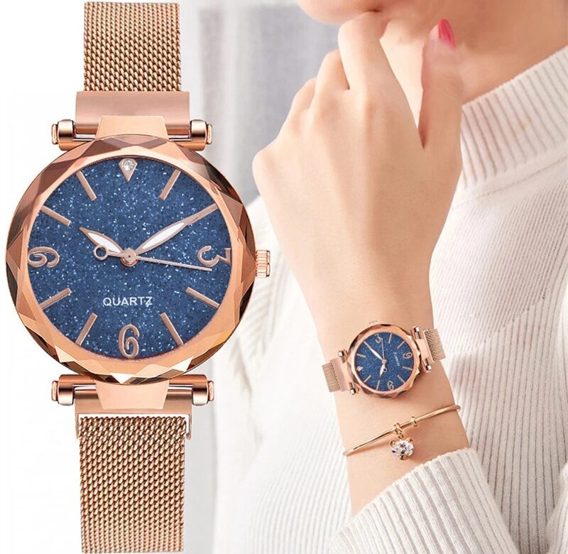 Luxusní dámská móda Quartz hodinky s modrým ciferníkem Jednoduché dámské hodinky se síťovaným páskem z růžového zlata Relogio Feminino