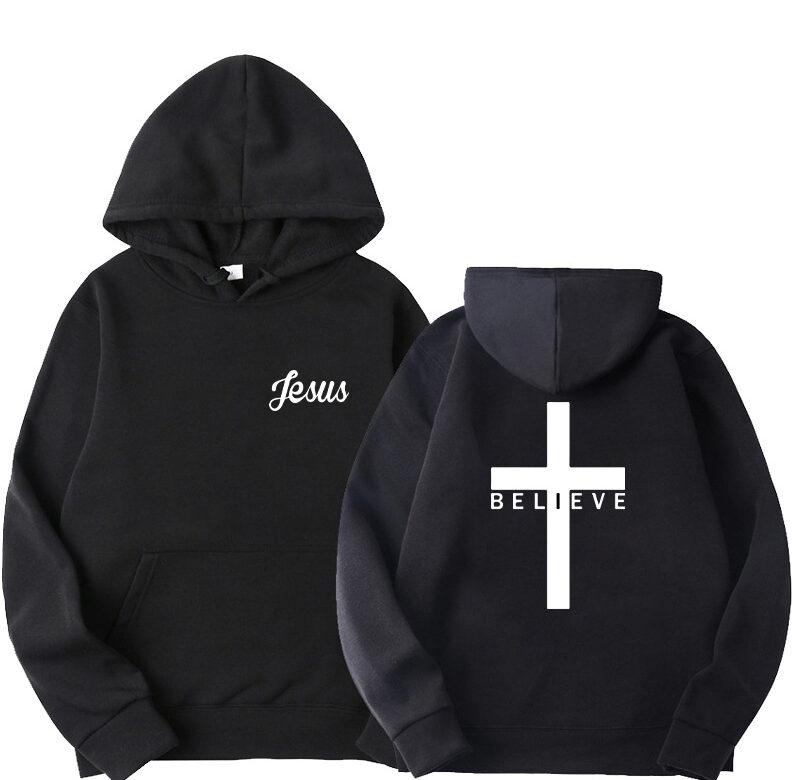 Pánské mikiny Believe Cross Jesus s potiskem Pánský design Mikiny se stahovací šňůrkou Topy Harajuku Jaro Podzim Streetwear s kapucí Sportovní oblečení