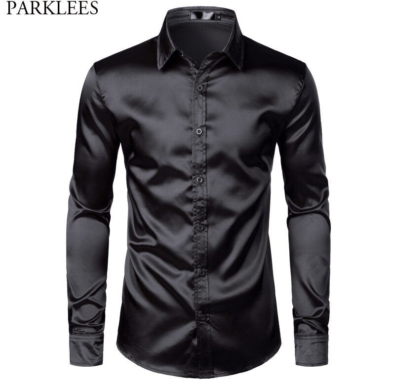Pánské černé saténové luxusní košile Silk Smooth Pánská smokingová košile Slim Fit Svatební Party Ples Neformální košile Košile Homme