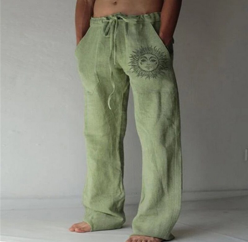 Pánské ležérní kalhoty tepláky Sun Flower Print Full Length Kalhoty Kapsa Lněné kalhoty se stahovací šňůrkou Pánské