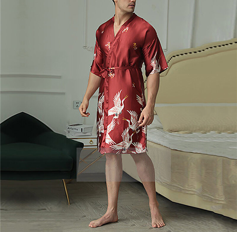 Pánská středně dlouhá hedvábná noční košile s potiskem Sexy noční košile pro ženicha Pánské značkové pyžamo pro muže Župan na spaní L-3XL