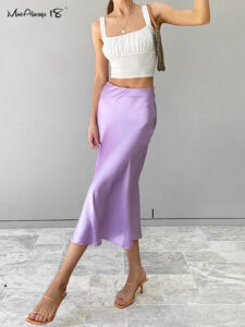 Mnealways18 Jednobarevná fialová saténová hedvábná sukně Dámská letní dlouhá sukně s vysokým pasem Novinka Elegantní dámské kancelářské sukně Midi Spring