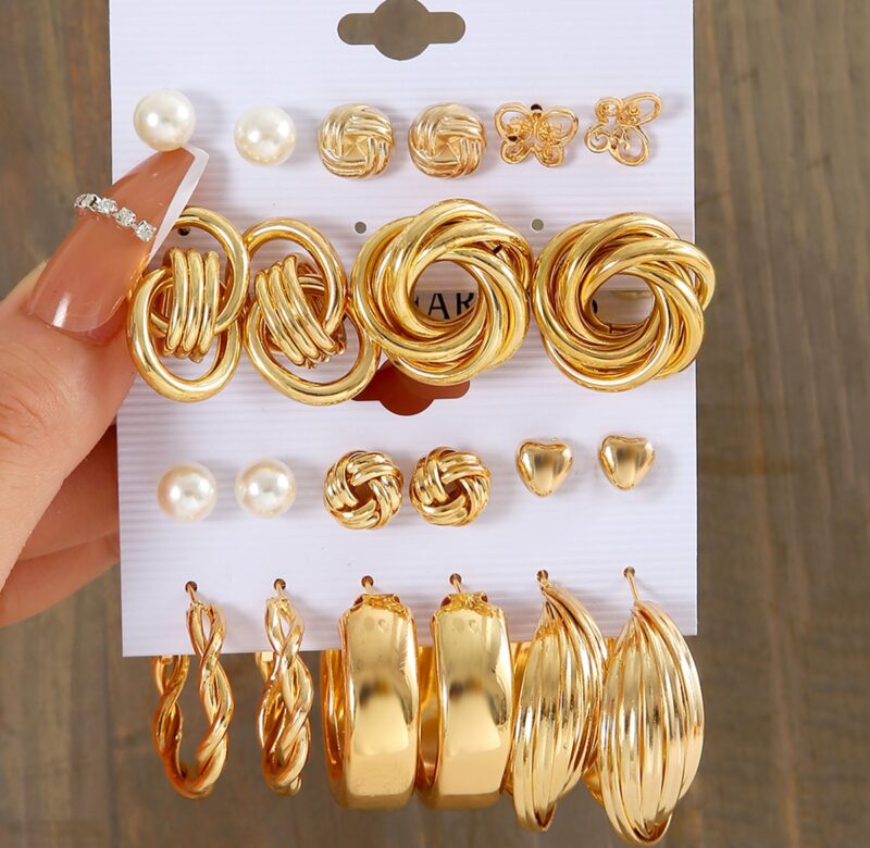 New European And American Holiday Party Color Geometric Peach Nail Twist Earrings 11 Sets Of Gold