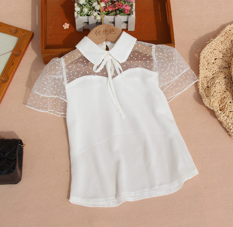 Nová módní šifonová halenka pro děti Dívčí léto Dětské bílé košile s krátkým rukávem Teenagerské trička s límcem s odepínacím límcem