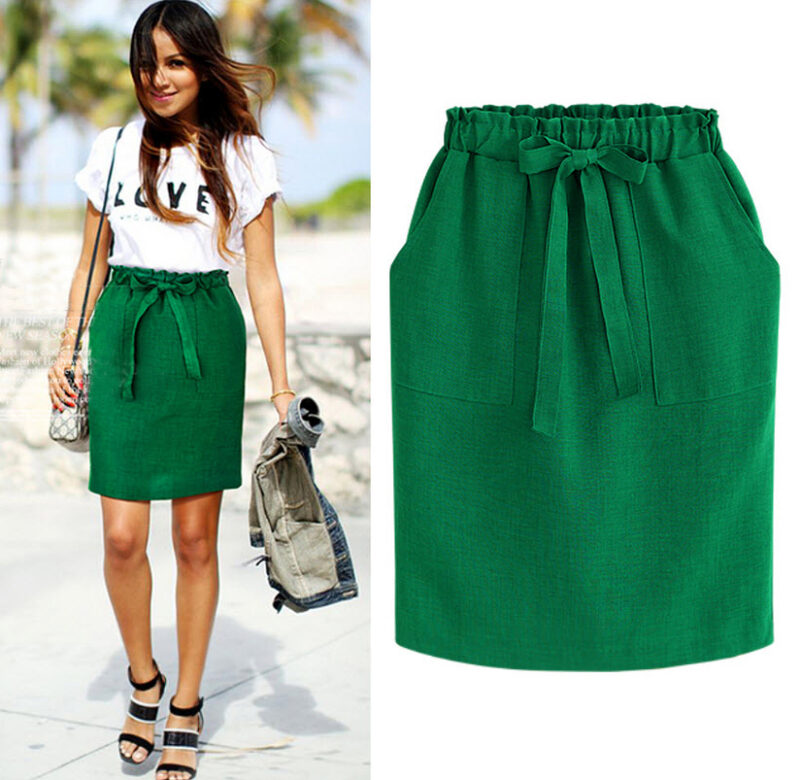 Nové jaro léto elegantní midi sukně dámské kancelářská tužková sukně bavlna elastický pas balíček boková sukně s mašličkou zelená