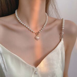 Nový styl Super Fairy Temperament Náhrdelník Imitace perlového srdce Studený styl Sladký Jednoduchý OT Přezka Řetízek klíční kosti Ženy