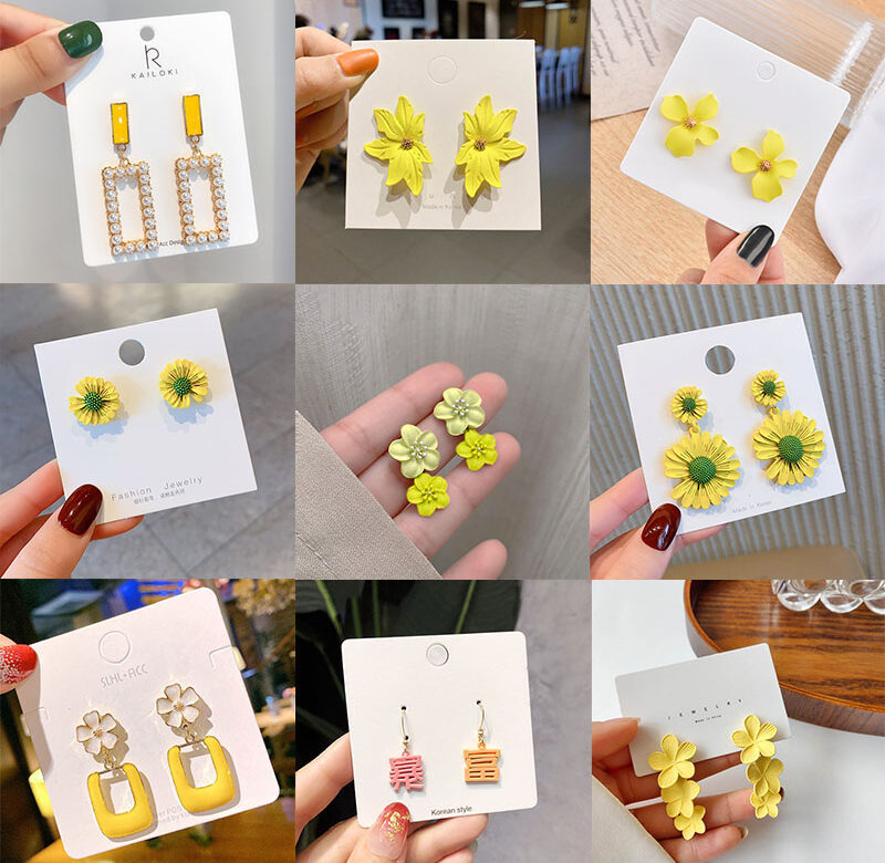 Nové dámské visací náušnice žluté kovové přívěsky geometrické imitace perel náušnice korejské módní náušnice přívěsky
