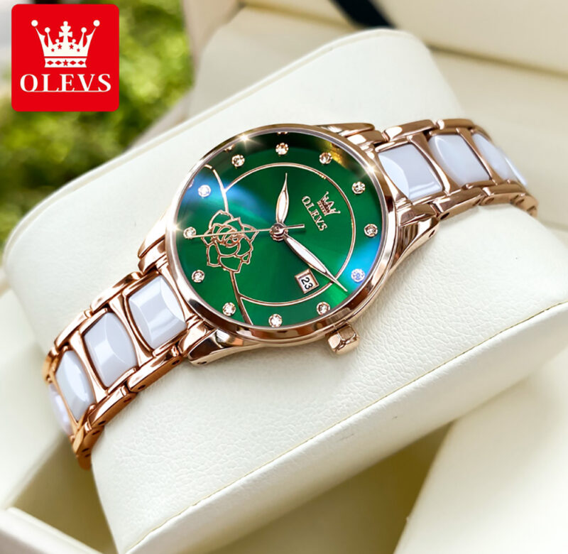 Luxusní dámské hodinky OLEVS Camellia Quartz japonský strojek 30M vodotěsné hodinky pro ženy Keramika Dámské náramkové hodinky