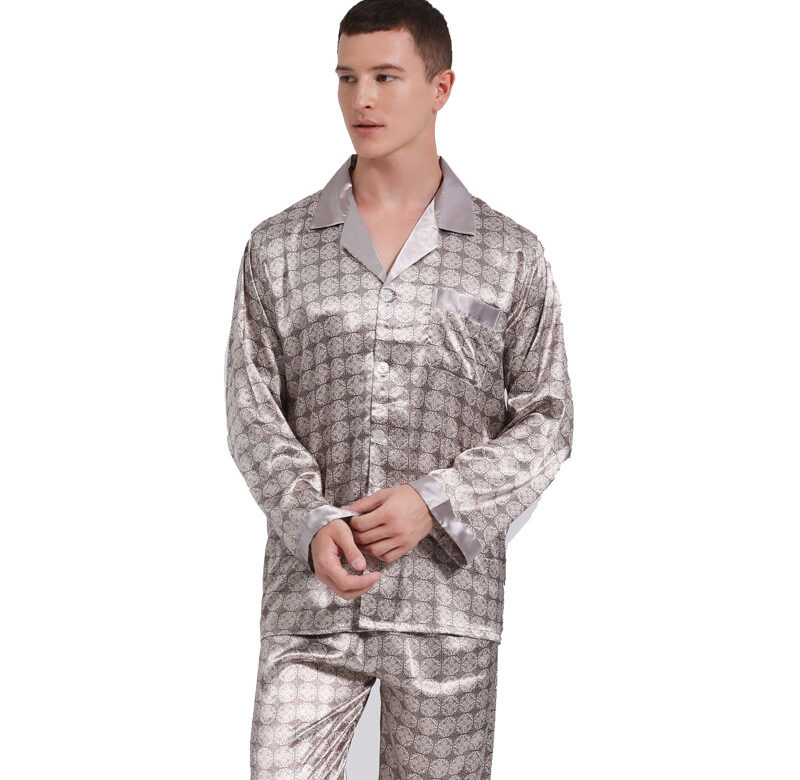 Pánské hedvábné pyžamo s potiskem na spaní Útulné hedvábné hladké hedvábné topy noční košile s dlouhým rukávem kalhoty dvoudílná sada pánského pyžama