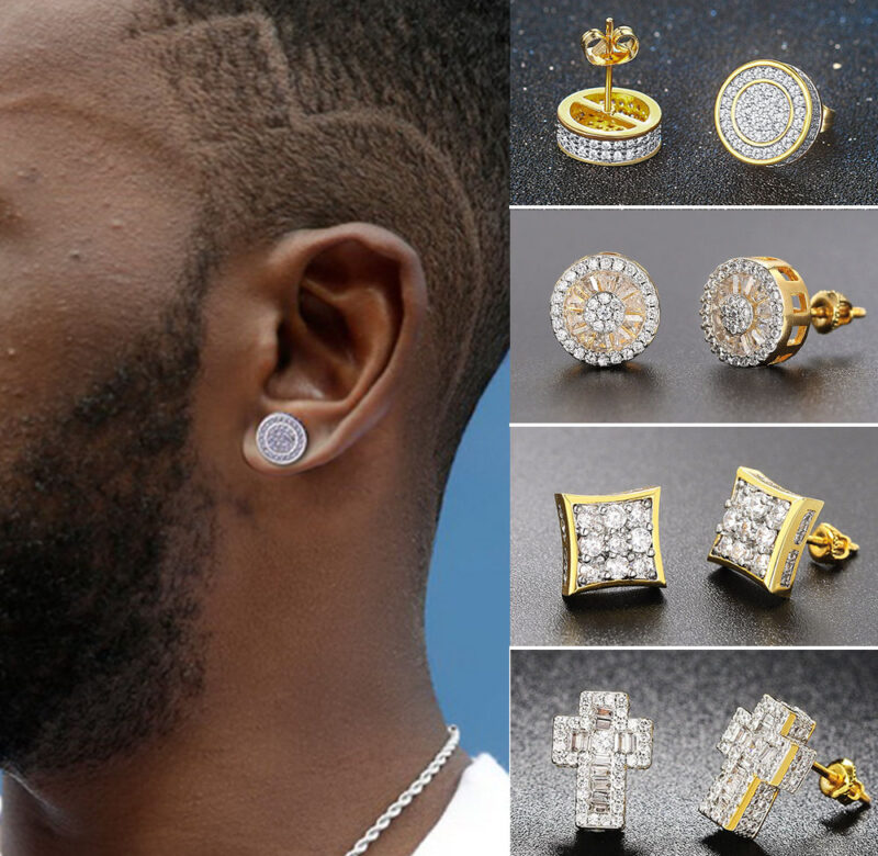 Rock Hip Hop Iced Out náušnice pro muže Pánské ledové zdobené zirkonem Zlatá barva Piercing do uší Příslušenství Hiphop Trend Šperky