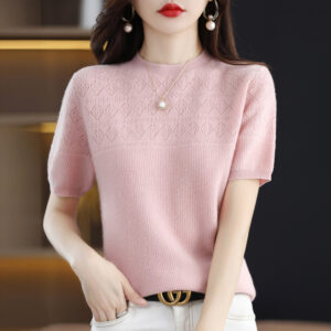 Základní svetr s kulatým výstřihem Dámské vlněné pletené tričko s krátkým rukávem jaro a léto jednoduchý svetr na horní část těla dutý top