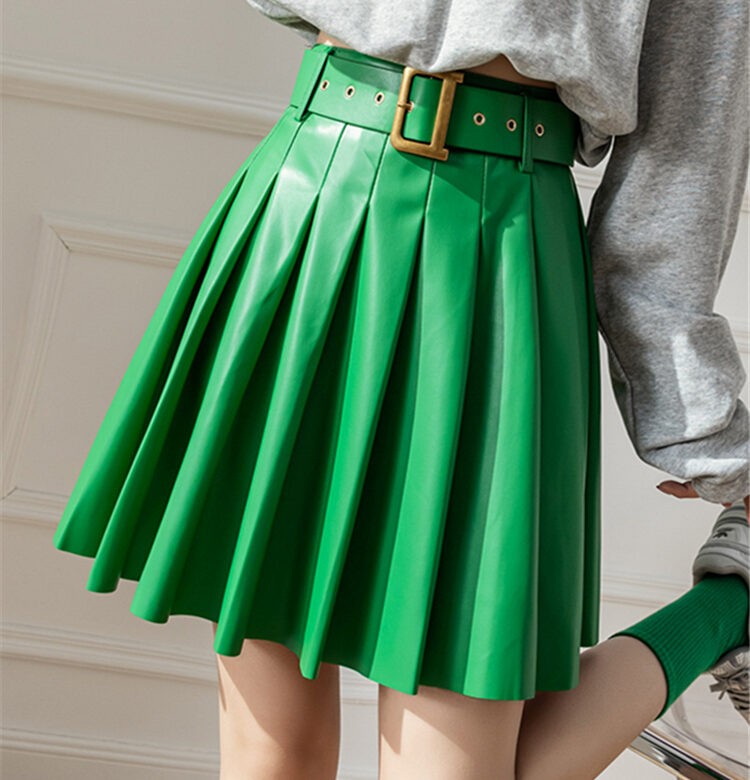 Seoulish Green Faux PU Leather Pleated Women’s Skirts with Belted New High Waist Sexy Mini Skirts Female Autumn Winter
