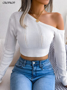 Sexy pletené triko na jedno rameno dámské módní topy s dlouhým rukávem ležérní dutý bílý tenký svetr podzim zima svetr 2022