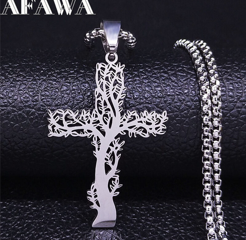 Stainless Steel Tree of Life Cross Pendant Necklace Silver Color Men Women Aesthetic Necklace Jewelry arbol de la vida N3018S02