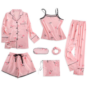 Popruh na spaní Pyžamo Dámské 7dílné Růžové pyžamové soupravy Saténové Hedvábné Spodní prádlo Domácí oblečení Ložní prádlo Pyžama Set Pižama pro ženy