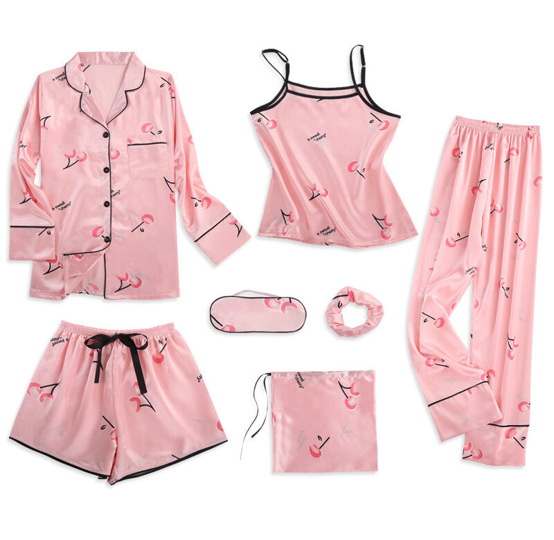 Popruh na spaní Pyžamo Dámské 7dílné Růžové pyžamové soupravy Saténové Hedvábné Spodní prádlo Domácí oblečení Ložní prádlo Pyžama Set Pižama pro ženy