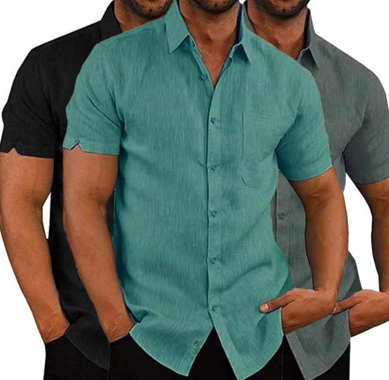 Letní bavlněné lněné košile pro muže Neformální košile s krátkým rukávem Halenky Pevné rozepínací límečky Formální plážové košile Mužské oblečení