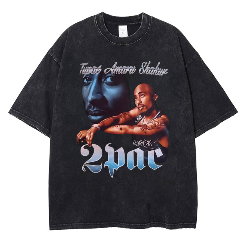 Letní Vintage seprané tričko Tupac Print Pánská 100% bavlna Trička Hip Hop Streetwear Tílko Harajuku Neformální trička Y2K Oblečení