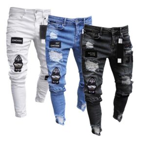 Bílé džíny s výšivkou Muži Bavlna Pružné roztrhané úzké džíny Vysoce kvalitní Hip Hop Černé Dírky Slim Fit Oversize džínové kalhoty