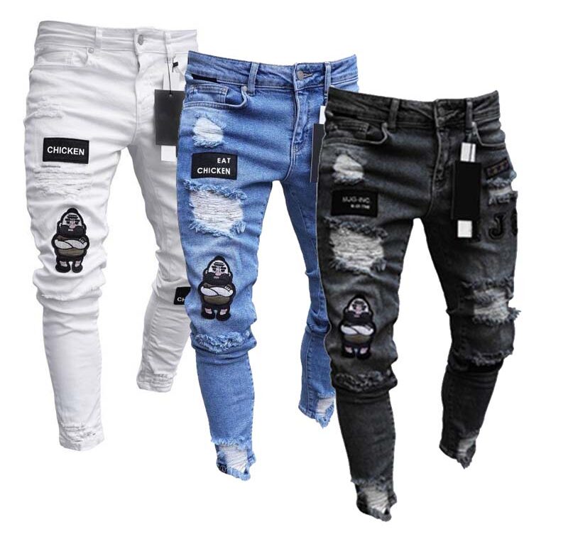Bílé džíny s výšivkou Muži Bavlna Pružné roztrhané úzké džíny Vysoce kvalitní Hip Hop Černé Dírky Slim Fit Oversize džínové kalhoty