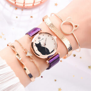 Dámské módní hodinky Quartz náramkové hodinky fialový síťovaný pásek kočičí ciferník luxusní dámské hodinky příležitostné dámské hodiny s náramkem