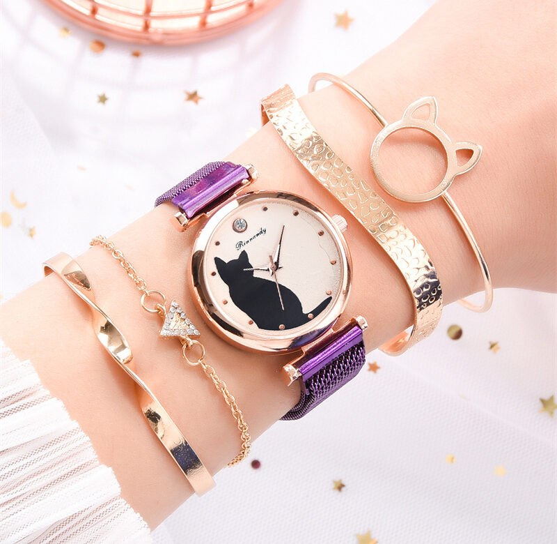 Dámské módní hodinky Quartz náramkové hodinky fialový síťovaný pásek kočičí ciferník luxusní dámské hodinky příležitostné dámské hodiny s náramkem