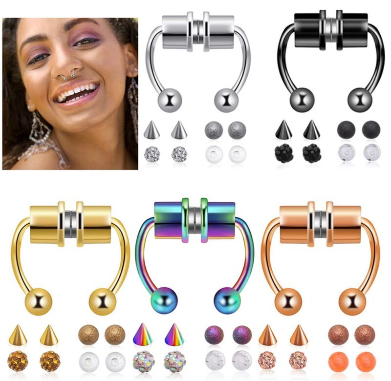 Ženy ocelové magnetické falešné piercingy do nosu kamínkové kroužky s obručemi do nosu umělé septum kroužky