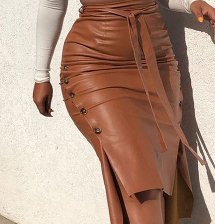 Dámská trendy PU kožená midi sukně jednobarevná s vysokým pasem šněrování na bocích knoflíku tenká úzká tužková sukně pro dámské streetwear